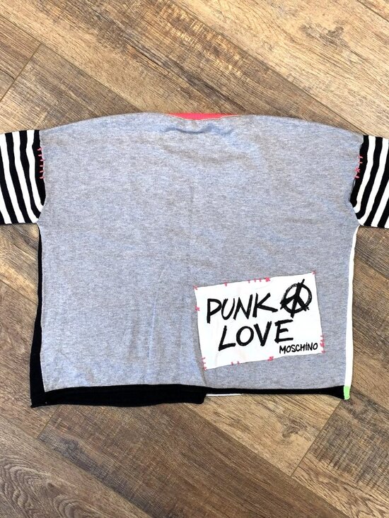 LOVE MOSCHINO Punk Love SAVE THE QUEEN Patch CROP TOP Neon B&W Striped Sweater L - Picture 4 of 5